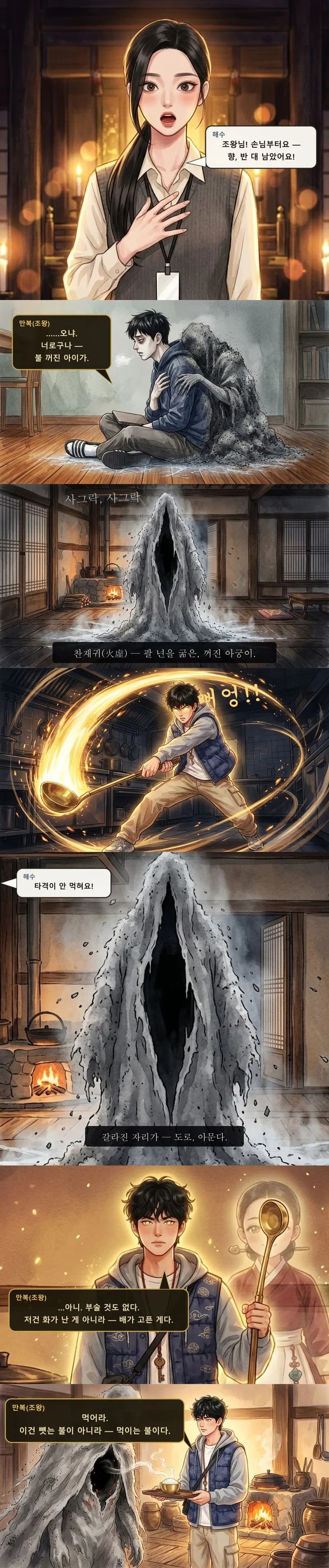 일어선 찬재귀, 놋주걱을 휘두르는 만복, 밥상을 내미는 장면